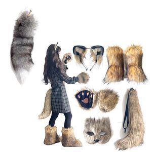 8516 Therian Mask And Tail Set Faux Fur Boots For Halloween